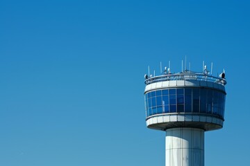 Airport control tower overseeing air traffic on a sunny day with vibrant blue skies