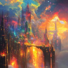 A vibrant, mystical cityscape at sunset in the clouds.