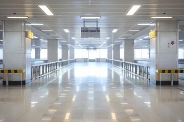 Fototapeta premium Gleaming white floor reflecting light in an empty airport terminal corridor