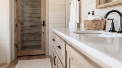 A contemporary bathroom interior featuring a sleek sink with wooden cabinets, black fixtures, a glass shower door, and neatly placed towels, exuding elegance and simplicity.