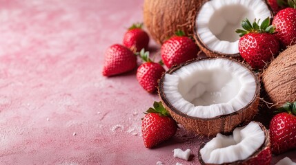 A colorful arrangement of halved coconuts and fresh strawberries on a vibrant pink surface, showcasing the freshness and tropical allure of these fruits, perfect for healthy eating.