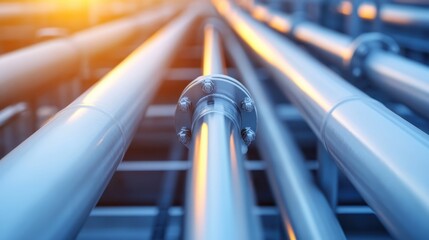 This photo offers a close-up perspective on industrial pipelines, reflecting the sunlight beautifully, emphasizing the precision and engineering excellence involved.