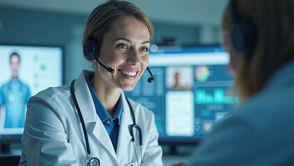 Smiling female doctor wearing a headset during an online medical consultation