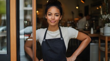 Smiling Woman Wearing a Black Apron Stands by a Doorway