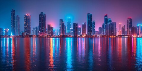 Fototapeta premium Cityscape with Neon Lights Reflecting in Water