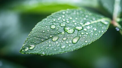 A detailed close-up of dewdrops resting on a fresh green leaf, capturing the intricate textures and natural beauty of this simple yet captivating moment in nature.
