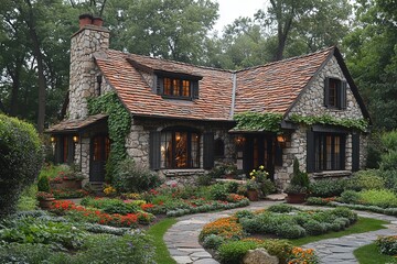A quaint stone cottage in a lush garden