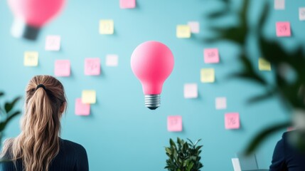 A group of people brainstorming ideas in a meeting room, with sticky notes and sketches on the...