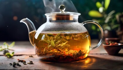 Close-Up of Herbal Tea Steeping in a Glass Teapot