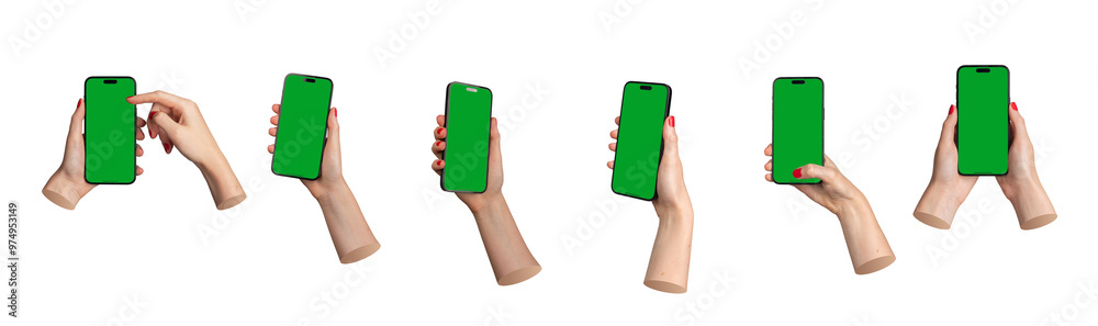 Poster hand holding mobile phone screen mockup, using smartphone display mock up, isolated on white backgro