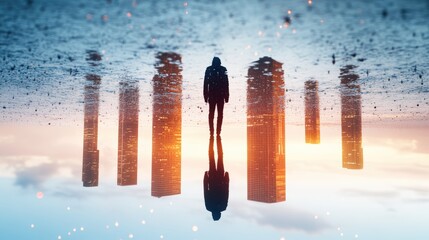 A distorted, fragmented cityscape reflected in a puddle of water, a single figure standing at the center, a looming threat lurking in the shadows.