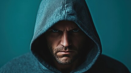A serious man in a gray hoodie with an intense gaze conveys determination and focus, captured in a high-contrast portrait evoking a sense of mystery and depth.