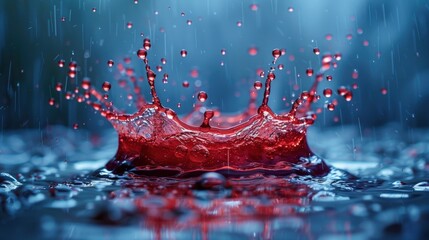 A red water splash against a blue background.