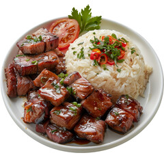 Delicious grilled beef served with fragrant rice and fresh vegetables, isolated on white background, transparent background