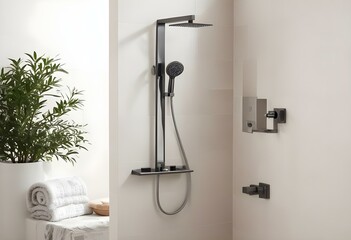 a bathroom with a plant and a lamp on the wall