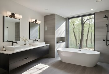 a bathroom with a tub and two sinks and a large window.
