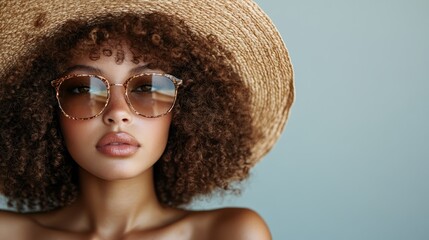 A stylish image of a person with voluminous curly hair adorned with a wide-brimmed straw hat, exuding a sense of fashion, elegance, and summer vibes against a plain background.