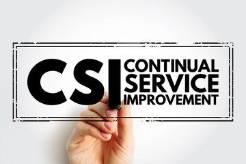 CSI Continual Service Improvement - method to identify and execute opportunities to make IT processes and services better, acronym text stamp