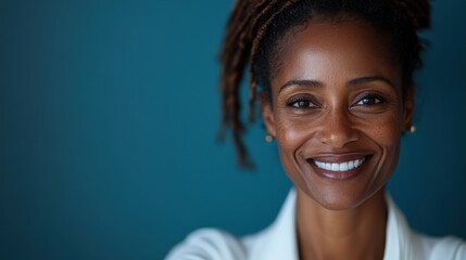 A joyous individual wearing white is captured with a gentle smile, exuding warmth and elegance, creating an inviting and serene atmosphere in the photograph.