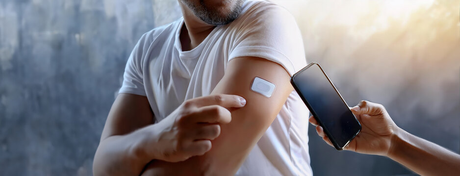 Person scanning their digital health patch with a smartphone, showcasing technology in healthcare. Wearable device of real-time control of health through continuous glucose monitoring CGM system.