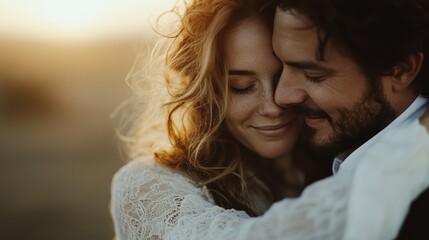 A heartwarming photograph of a couple embracing tenderly during a warm sunset, capturing expressions of love, connection, and serenity, in a natural outdoor setting.