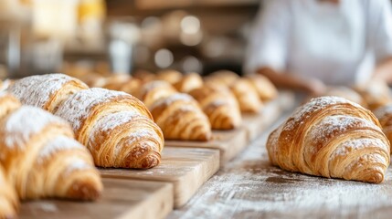 Golden brown croissants with a dusting of powdered sugar on top, arranged neatly in wooden trays, set within a bakery shop displaying their freshly baked goods for sale.
