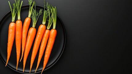 Brightly grilled carrots are beautifully styled on a sleek black plate, garnished with fresh herbs, highlighting culinary artistry and vibrant colors against a dark backdrop