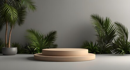 Product podium summer background 3d display vector nature pedestal shocase. Product podium platform luxury tropical presentation.