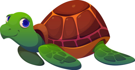Cartoon turtle character, cute vector tortoise animal with green skin, flippers and brown shell. Funny little smiling turtle game or book personage. Isolated friendly and adorable aquatic reptilian