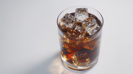 A refreshing soda drink with large ice cubes, highlighting the coolness and crispness of the fizzy beverage.
