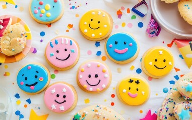 Festive kids' party with assorted bright cookies featuring fun designs and playful decorations