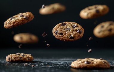 Fototapeta premium Cookies levitating in mid-air create a playful and dynamic effect against a dark background with rich contrasts