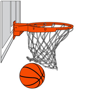 recommend clip art: BASKETBALL SWISH Score, Orange Ball through a net, hoop rim, single line drawing, illustration, basket logo, Perfect for logos, cutting, printing, embroidery, AI vector