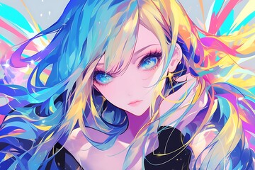 Naklejka premium Anime girl with blue and yellow hair and blue eyes, digital art illustration