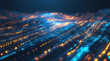 Obraz premium Futuristic glowing data streams flowing across a deep blue background, with circuit board elements, a sense of universe motion, and blurred details creating a layered modern technology feel