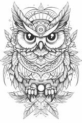 Obraz premium owl mandala geometric coloring book thick outlines illustration in black and white