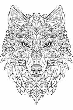 wolf mandala geometric coloring book thick outlines illustration in black and white