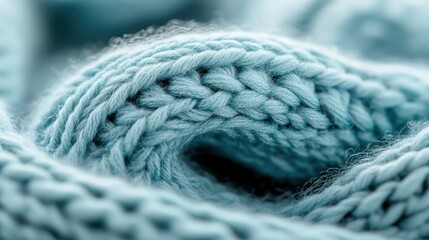 A close-up view of soft blue woolen fabric, showcasing an intricate knitting pattern that highlights the craftsmanship and texture, evoking a sense of warmth and comfort.