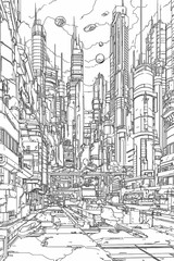 cyberpunk city coloring book thick outlines illustration for kids in black and white