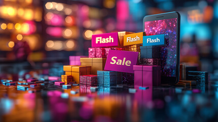 A vibrant digital interface showcasing an urgent flash sale event with countdown timers and bold sale banners, creating a sense of immediacy in online shopping