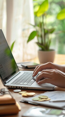 person who sits in front of the laptop and plans expenses, income and finances, created with generative AI technology