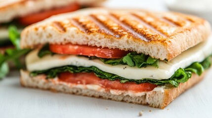 A detailed view of a fresh sandwich, featuring layers of tomato, spinach, and melted cheese, showing its high-quality ingredients and appetizing presentation for a healthy meal option.