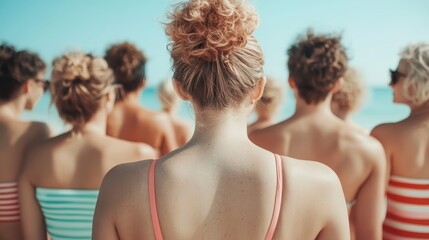 A rear view image of a group of people standing on the beach, sporting swimsuits and enjoying the sunny, summer day while admirably gazing at the ocean horizon.