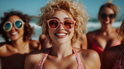 A lively group of friends, wearing stylish sunglasses and swimwear, enjoy a sunlit day at the beach, capturing the spirit of youthful joy and summer freedom.