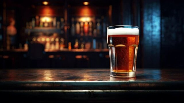 Glass of beer on bar or pub counter. Bottles of alcohol on shelves at the dark background