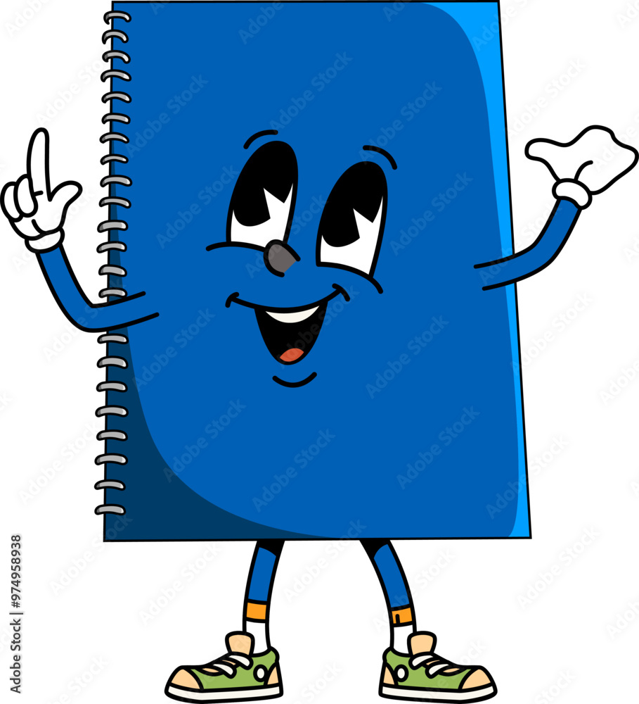Poster cartoon groovy school notebook character. isolated vector lively, retro groovy book or textbook pers