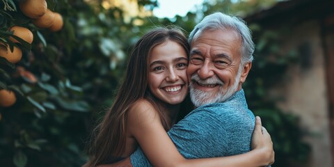 Fototapeta premium A young girl is hugging an older man. The man has a beard and is wearing a blue shirt. The scene is warm and friendly, showing a close relationship between the two people