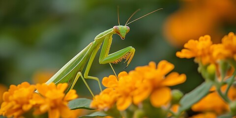 A green praying mantis is on a flower