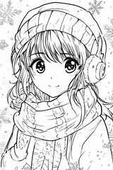 Naklejka premium simple anime girl with snowman in the background snowflakes christmas coloring book thick outlines illustration for kids in black and white