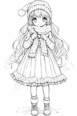 Fototapeta premium simple anime girl with snowman in the background snowflakes christmas coloring book thick outlines illustration for kids in black and white